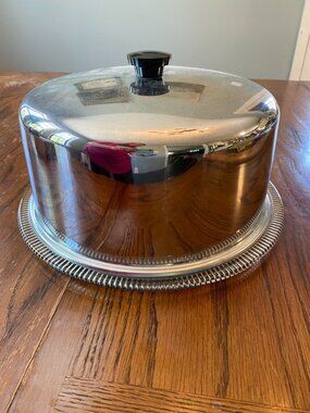 Vintage Stainless-Steel Cake Carrier With Glass Stand & Black Knob Handle Farmho
